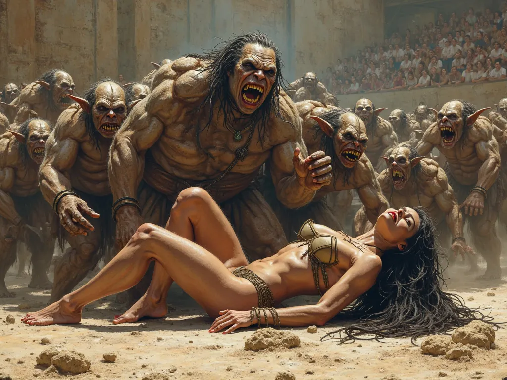 beautiful amazon fights dressed in short sexy loincloth, amazon lies on arena ground in crowd of goblins, crowd of fat goblins fuck her, arena background