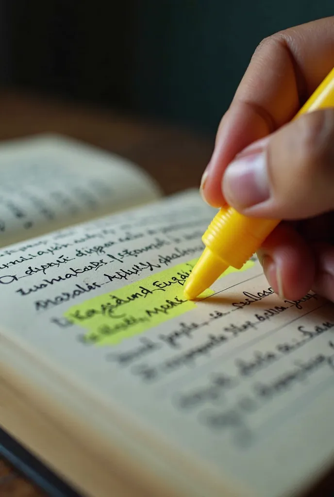 A close-up shot of a handwritten Sinhala notebook page, with a student's hand holding a yellow highlighter, marking key sentences. The text is in Sinhala script, and the page looks slightly worn, indicating heavy use. The background is blurred to focus on ...