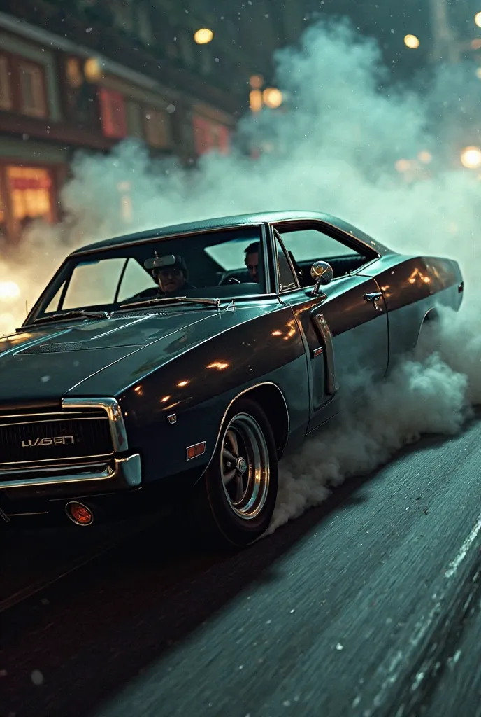 Dodge Charger 1970 black running sideways, with a man in the back seat