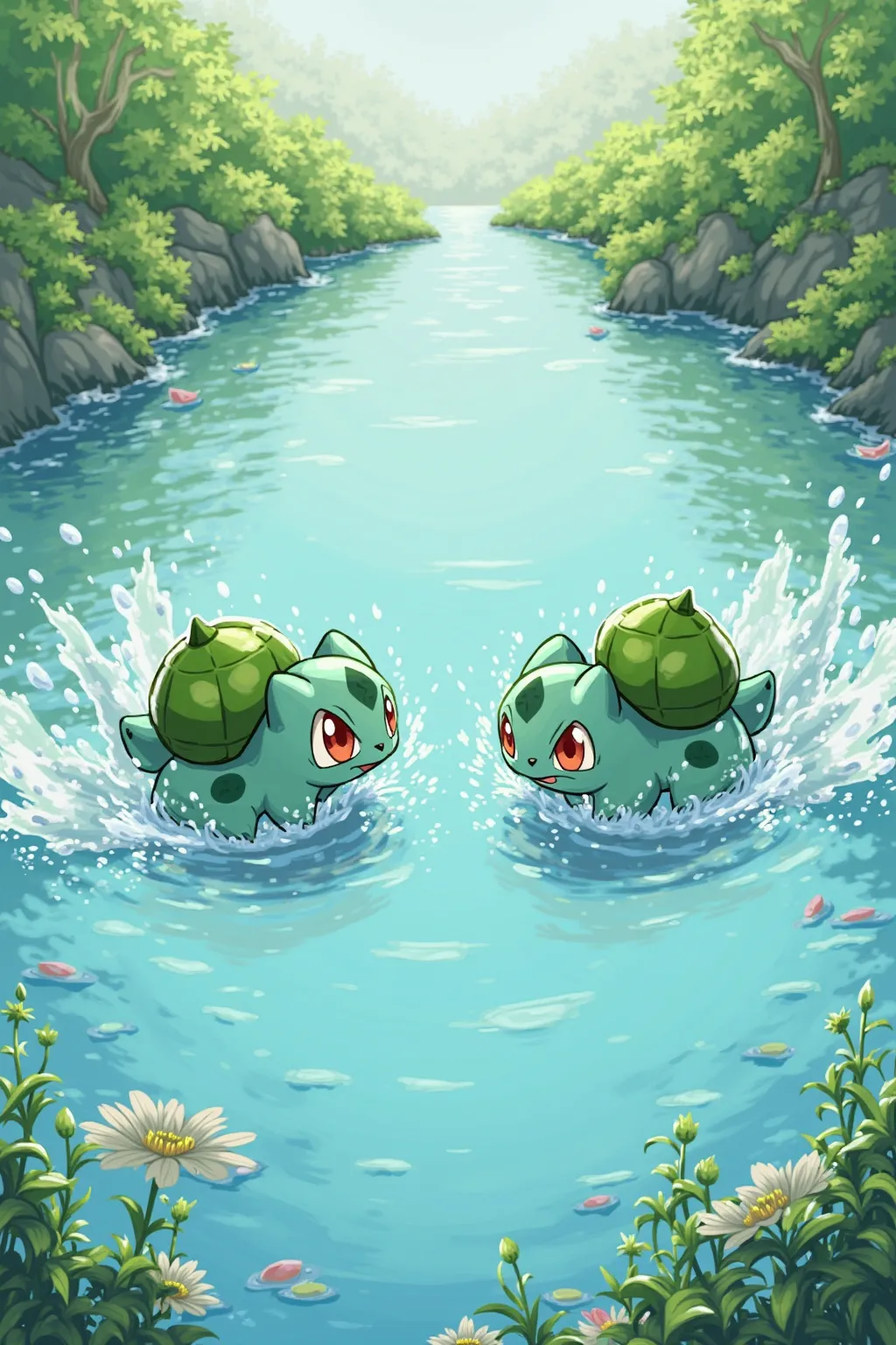 Two Bulbasaur Pokémon having a water fight near a lake 