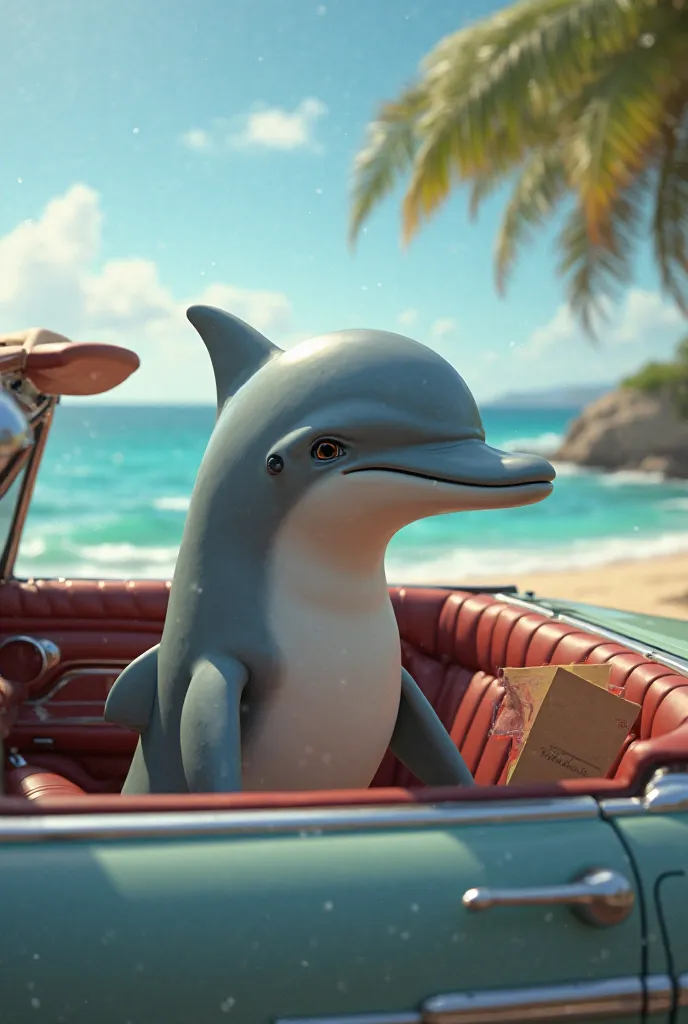 a dolphin riding in a convertible and holding an index in one hand