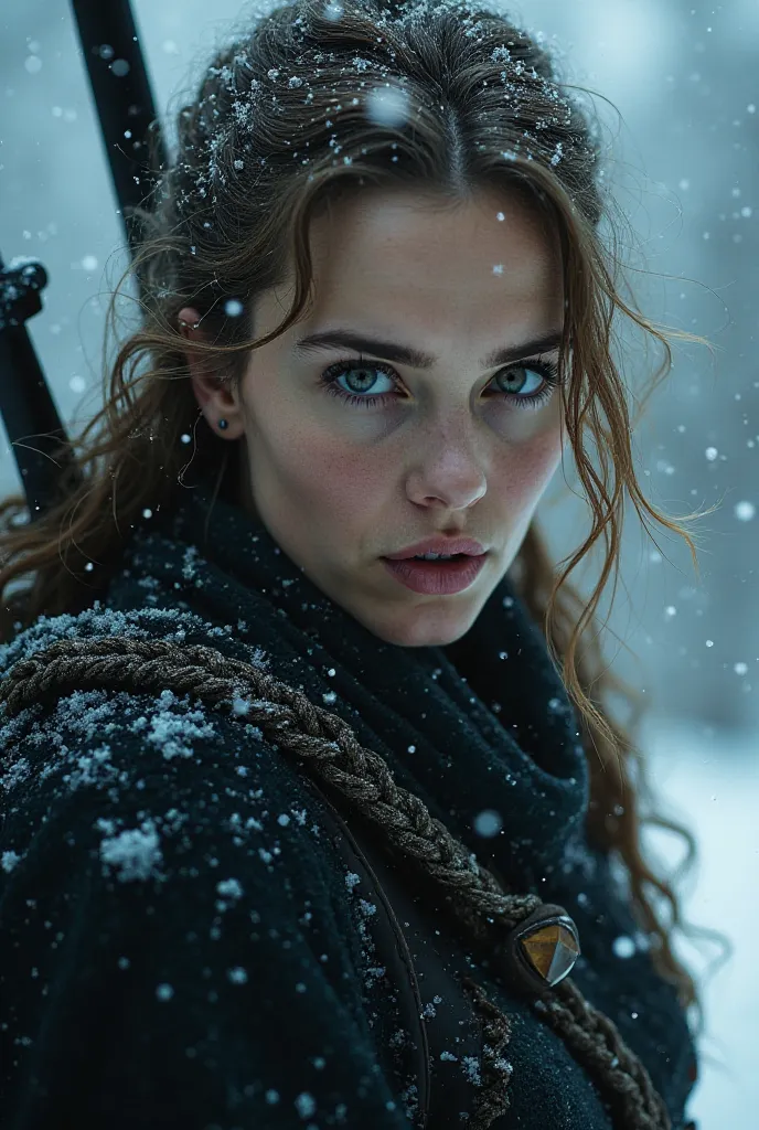 a 16x9 image of a young Scarlett Johansson, who looks straight ahead with his eyes are evil intense she carries a sword, ice and snow in the air