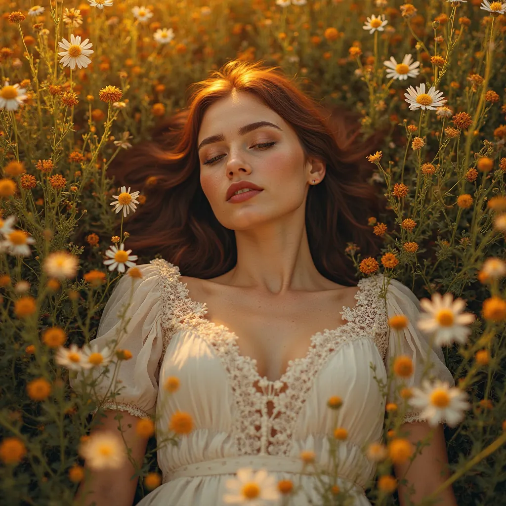 A woman lying in a field of flowers, her body surrounded by a golden aura. The flowers bloom and wither in cycles, symbolizing life and death. The 1:1 frame captures the delicate details of the flowers and the woman’s serene expression.