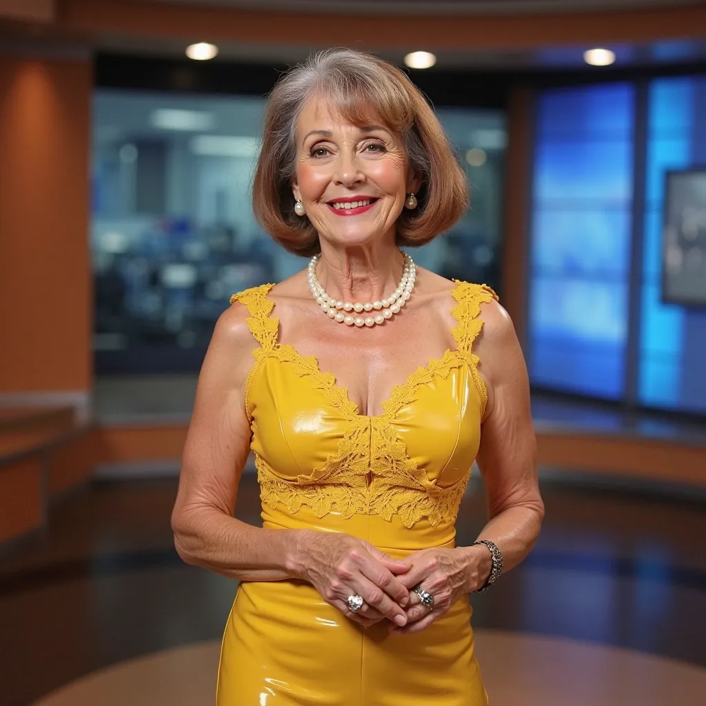 full-length picture,
a very old ninety yers old lady,
The woman is a news anchor or presenter,
she smiling broadly,
posing standing,
facing the camera,
her gaze is direct,
she is looking directly at the viewer,
Her hair is graying auburn,
Her hair is style...