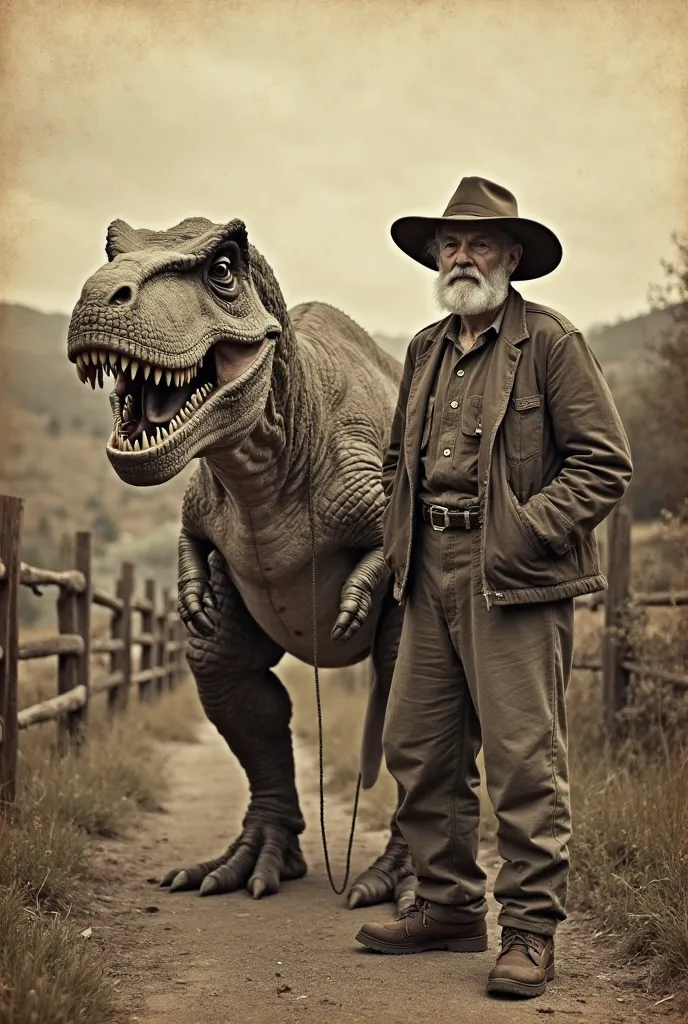 A typical old photo of a dinosaur breeder where we see him with a T-Rex on a leash