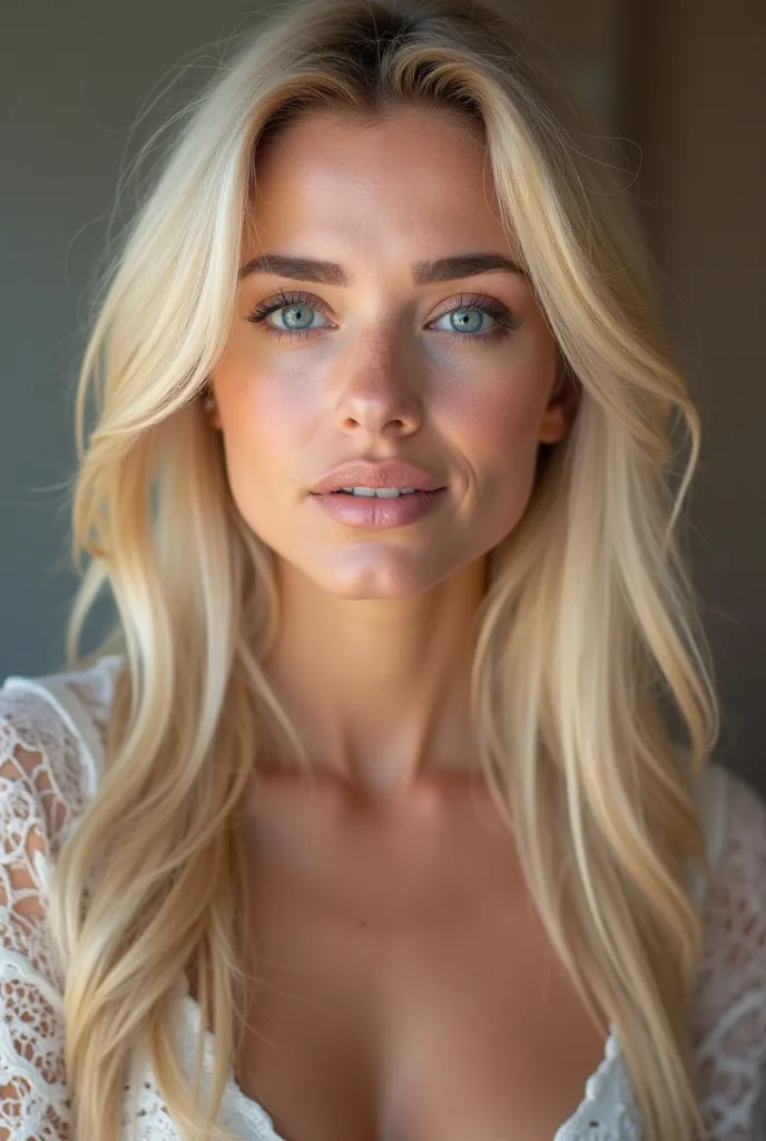 I want a woman to have blue eyes, blonde hair, be sexy, have big breasts, be Turkish, and I want the woman to be 1.70 tall, have full-length photos in different landscapes, and have 5 photos with the same facial expression.