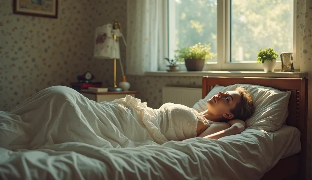 { "prompt": "A realistic depiction of Juliane Koepcke trying to wake up from her bed in 1971, showing that she is a little bit recovered. The scene takes place in a modest bedroom, with soft morning light filtering through the window. Juliane is lying in b...