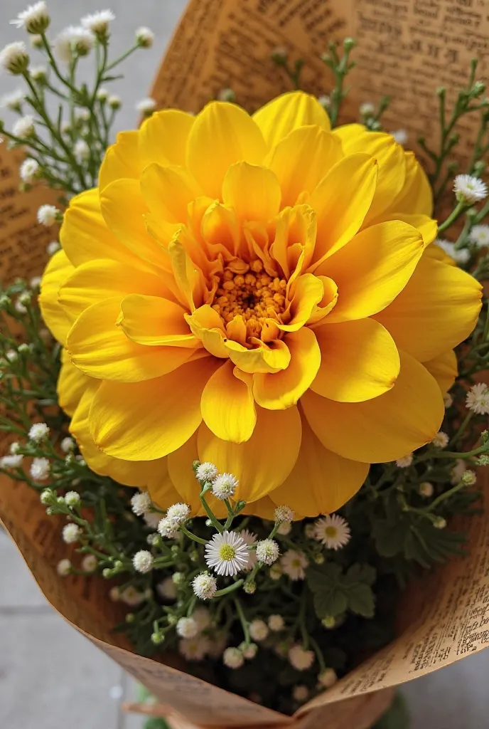 Bouquet of a yellow flower wrapped in newspaper with a ribbon and add small white flowers