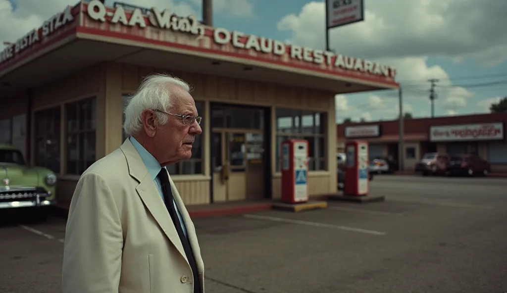 
"A dramatic scene from the 1950s: An old man in a white suit and black tie, standing in front of a closed-down gas station and restaurant, looking at it with a mix of sadness and determination. The sign says 'Out of Business,' symbolizing Sanders’ major s...