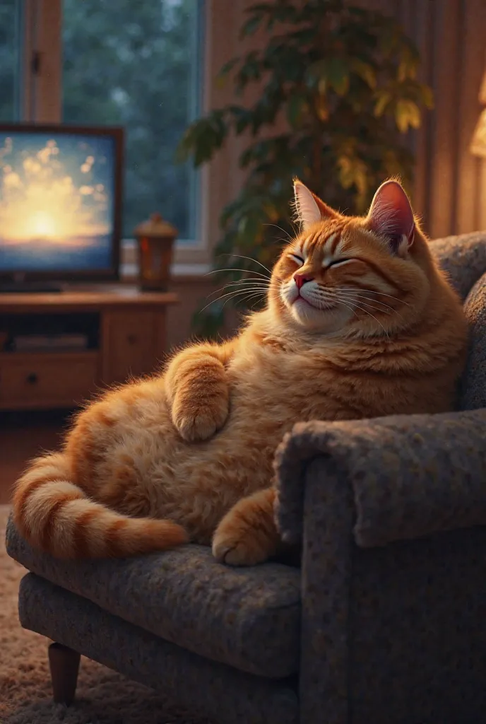 Make the fat orange cat realistic by falling asleep watching TV at night in the living room