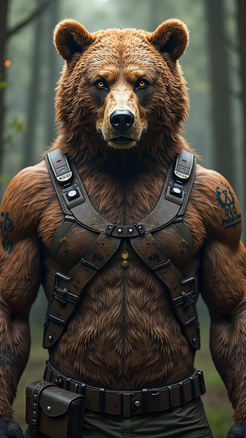 A hybrid human-brown bear, with an extremely muscular and detailed body, featuring realistic fur blending with human skin. Its face is that of a ferocious yet intelligent bear, with piercing eyes and a well-defined snout. It wears a leather military harnes...