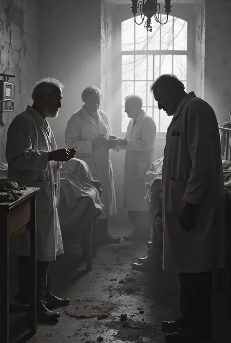 old doctors and black and white photos of people being treated at a shady asylum on an island in 1922