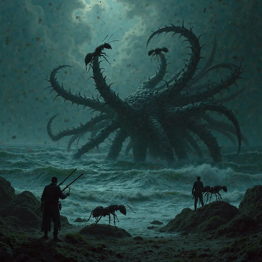 Landscape of a sea coast, A kraken comes out of the water, its tentacles come out of the water and with each tentacle it holds a giant ant, There are more ants on Earth with spears that aim at the kraken, dark and dark environment