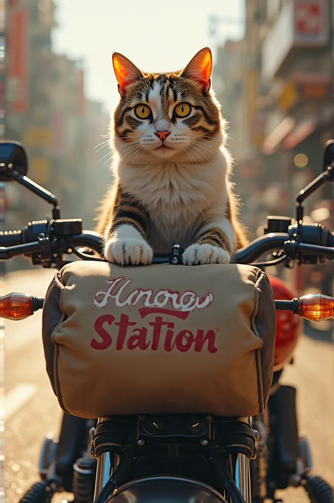 A beautiful cat will be sitting on a motorcycle and riding a motorcycle.  On the back of the motorcycle there will be a bag with the big words "Hunger Station" written on the bag.