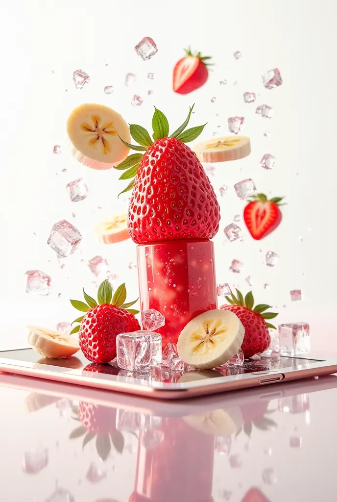 a strawberry vitamin with banana and ice popping out of an iPad on a white background