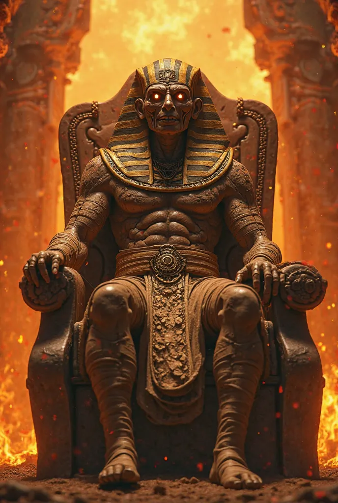 Anime characters in 4K The King of the Fiery Land of Mummies sits on a throne bandages black flashing eyes devouring a smirk