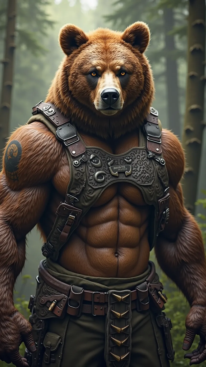 "A hybrid human-brown bear warrior with an extremely muscular body and hyper-realistic details. His brown fur blends naturally with human skin, with detailed textures and light reflections on the muscles. His face is that of a bear, but with a serious and ...