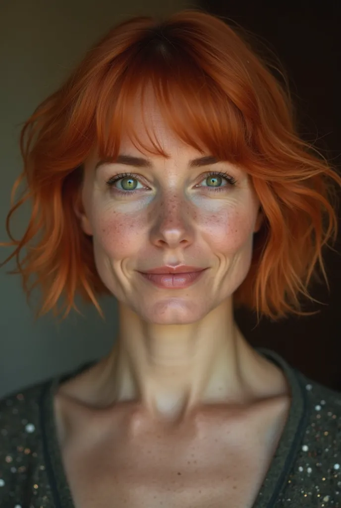 ultrarealistic portrait of a 38-year-old Irish woman, heart-shaped face, short vibrant red/orange hair styled in a modern textured bob, fair skin with subtle freckles, small fine lines around the eyes and mouth, bright green eyes, minimal makeup, warm conf...