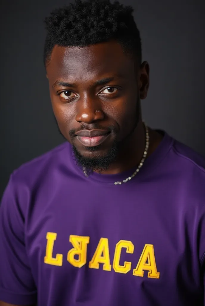 **African American toned man wearing a purple shirt with yellow Greek letters he must look very attractive, fraternity photoshoot, in a fraternity pledging pose, UHD, 8K resolution, photoshoot, cinematic composition, dramatic composition, narrowing his eye...