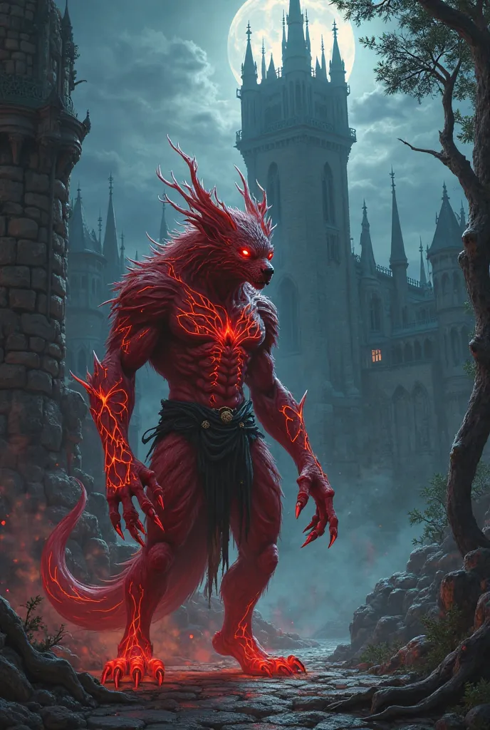 Dark fantasy red furry against the background of a large Gothic castle in the moonlight