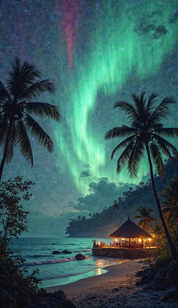 A mesmerizing night sky over a tropical landscape, illuminated by intense auroras in shades of green, purple, and red. Towering palm trees sway gently as vibrant light waves dance across the heavens. The colors shimmer and ripple, reflecting on the calm oc...