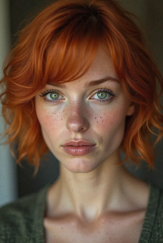 ultrarealistic portrait of a 27-year-old Irish woman, heart-shaped face, short vibrant red/orange hair styled in a modern textured bob, fair skin with subtle freckles, smooth skin texture with minimal natural imperfections, bright green eyes, minimal makeu...