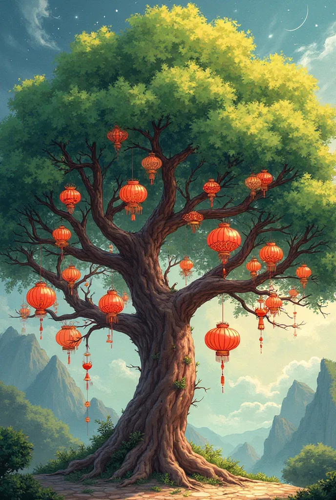 A tree with large green branches, and on these branches Chinese lanterns, this will be a sketch for drawing