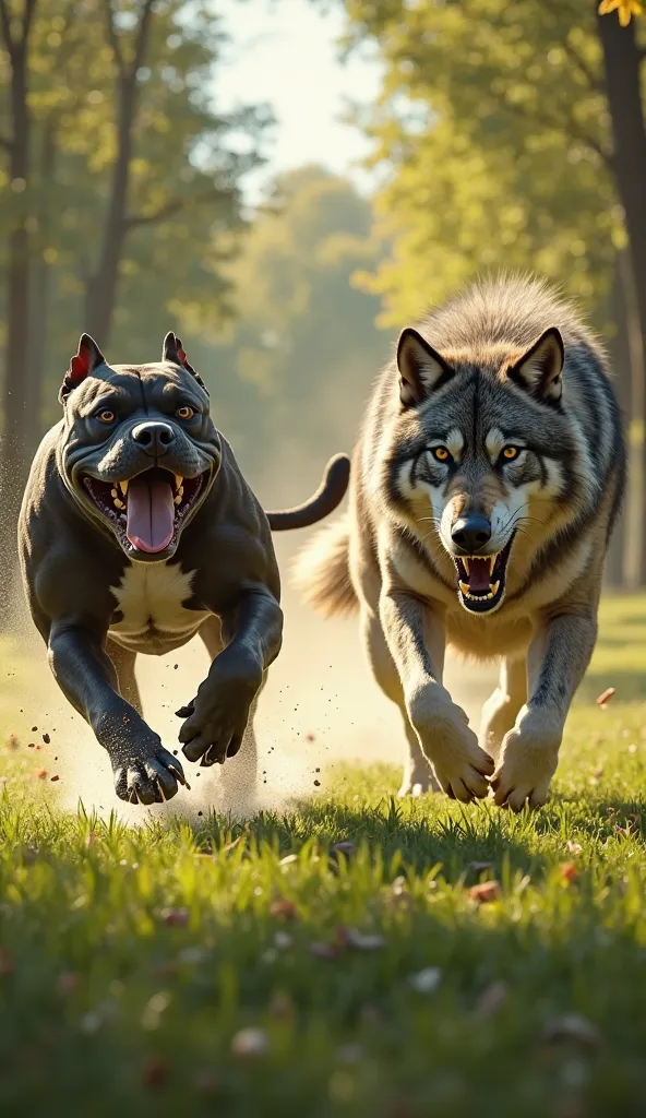 a pitbull dog and a ferocious wolf running towards the camera. they are in a park with trees in the background and the day is clear