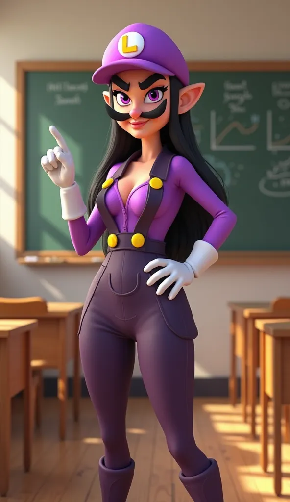 A medium long shot 3D image in Disney Pixar style of a female version of Waluigi standing in a neutral-toned classroom with a villainous expression. Her face retains Waluigi’s sharp, angular features, with narrow, glowing purple eyes and a long, thin musta...