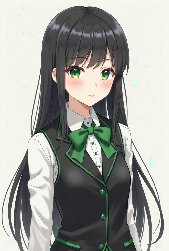 anime style drawing, Young pale skin green eyes long black hair, with uniform, a white shirt and on top a black vest with green accessories