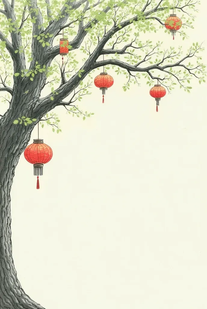 Draw branches of a large tree(but so that in the frame there are only green branches, without tree trunk) and on these branches Chinese lanterns and you can add a little garland to the beds. Do not make it very complicated, minimally detail, because this i...