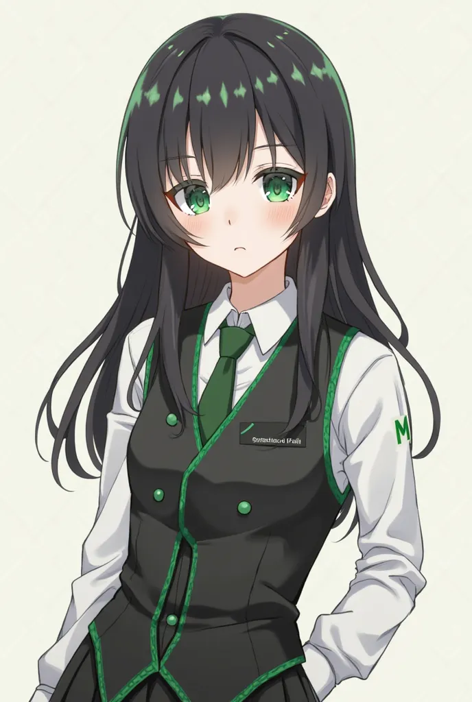 anime style drawing, Young pale skin green eyes long black hair, with uniform, a white shirt and on top a black vest with green accessories