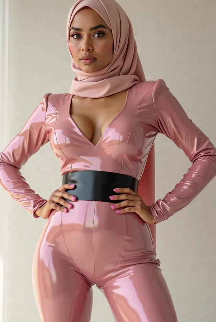 Very curvy arabic woman in a very tight light pink latex dress wearing a hijab and a blackbelt