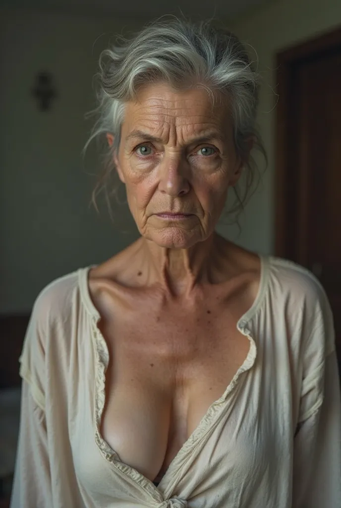 Rigid Dura turns to face her son, a stern expression on her weathered face. At 58 years old, her short silver hair is unkempt and her heavy-set frame is wrapped in a thin cotton nightgown, the outlines of her bra and panties barely visible beneath the fabr...