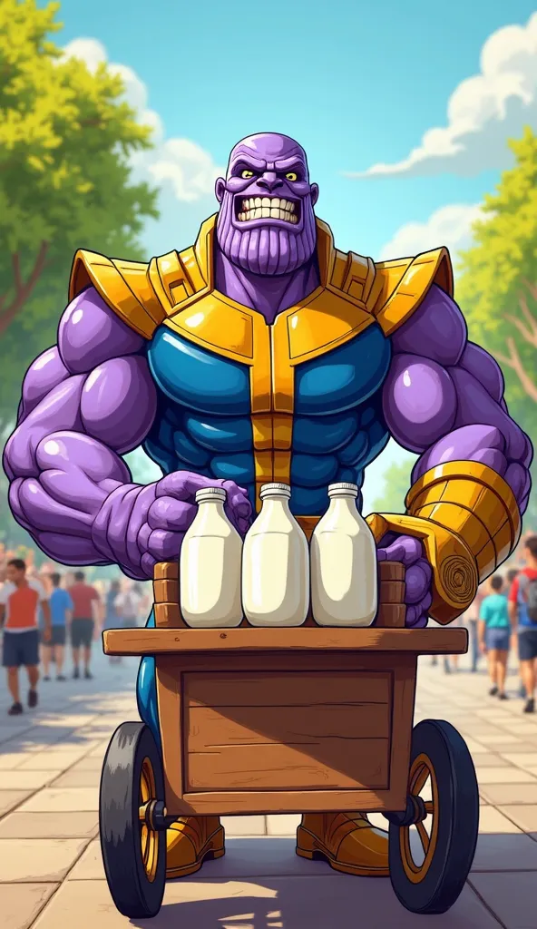 A colorful and exaggerated cartoon-style illustration of Thanos as a lively street milk vendor. He has an oversized, expressive face with a comically exaggerated grin, selling milk bottles from a wooden cart in a vibrant, animated park setting. His muscula...