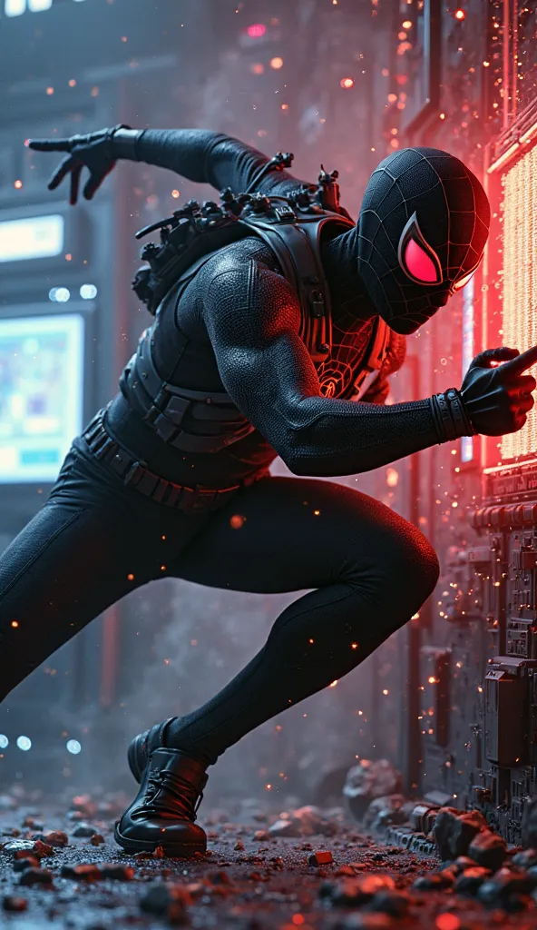 Spider-Man lunges through the air in a high-stakes, dynamic action shot, tackling a masked villain who clutches a high-tech remote control with a glowing red button. The villain, dressed in sleek black tactical gear and a featureless mask with piercing red...