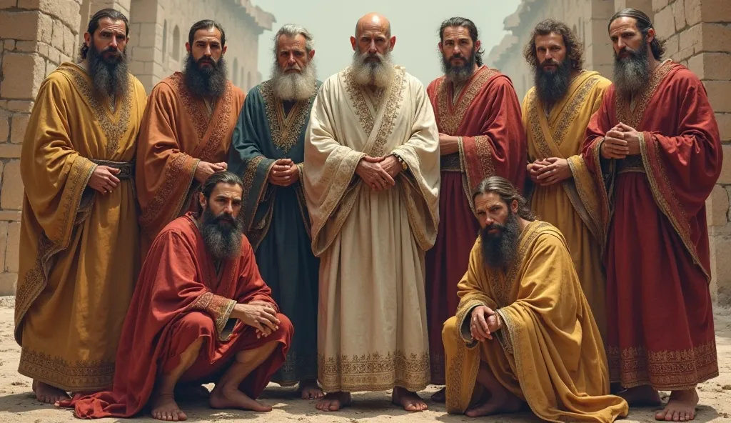 Create a photo with 8 men, like on a soccer team but dressed in tunics from the Jewish era, with the bearded and bald Apostle Paul in the center, 5 men standing and 4 crouching.