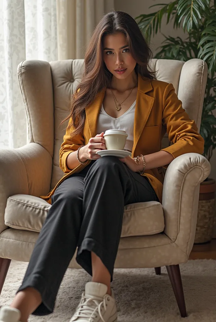 Une belle belle noir  jeune avec tenue cool qui s’assoit sur un foteuil elle mets de basquet et tient son cafe