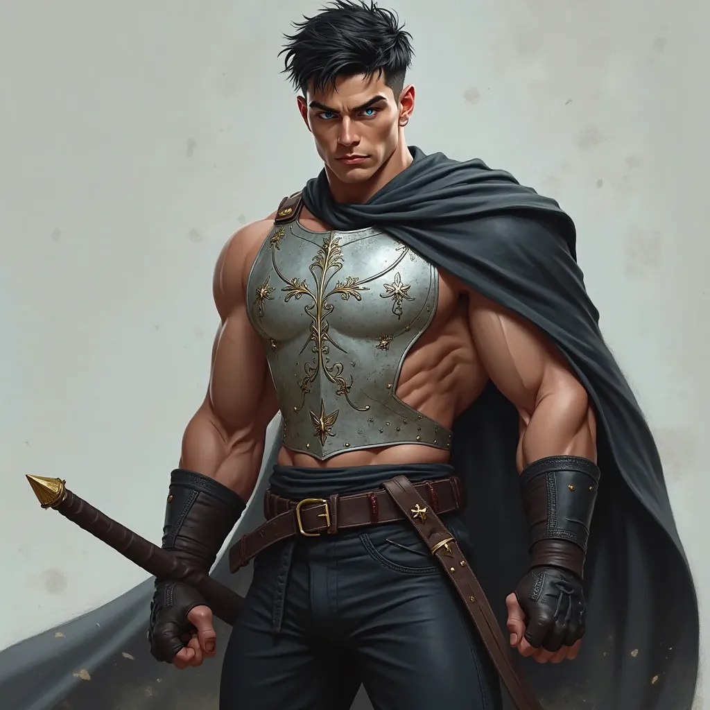 A strong, muscular man with fair skin and short, tousled black hair. His deep blue eyes are intense, carrying a calm yet fierce energy. He wears a light, silver chest plate with intricate designs and simple black pants, perfect for quick movements. A long,...