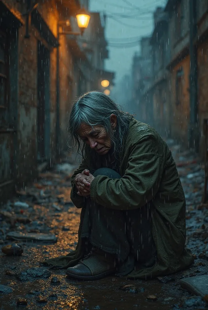 Poor old woman crying on a dark street at night 