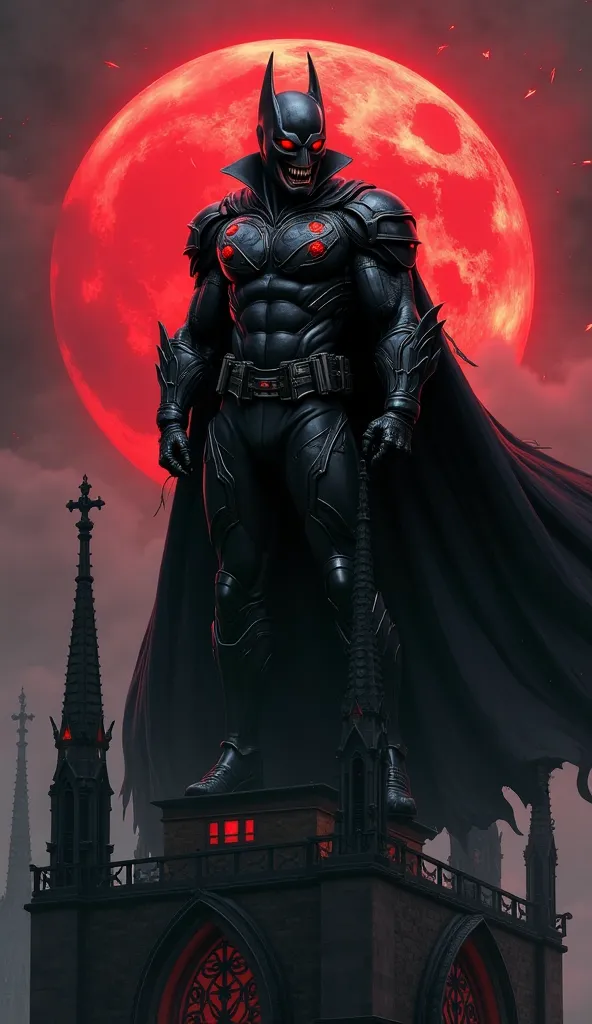 dark, brooding figure stands atop a gothic cathedral, his towering silhouette framed by a blood-red moon. Clad in an armored suit that blends high-tech precision with ancient, vampiric elegance, his cape billows like the wings of a monstrous bat. His eyes ...