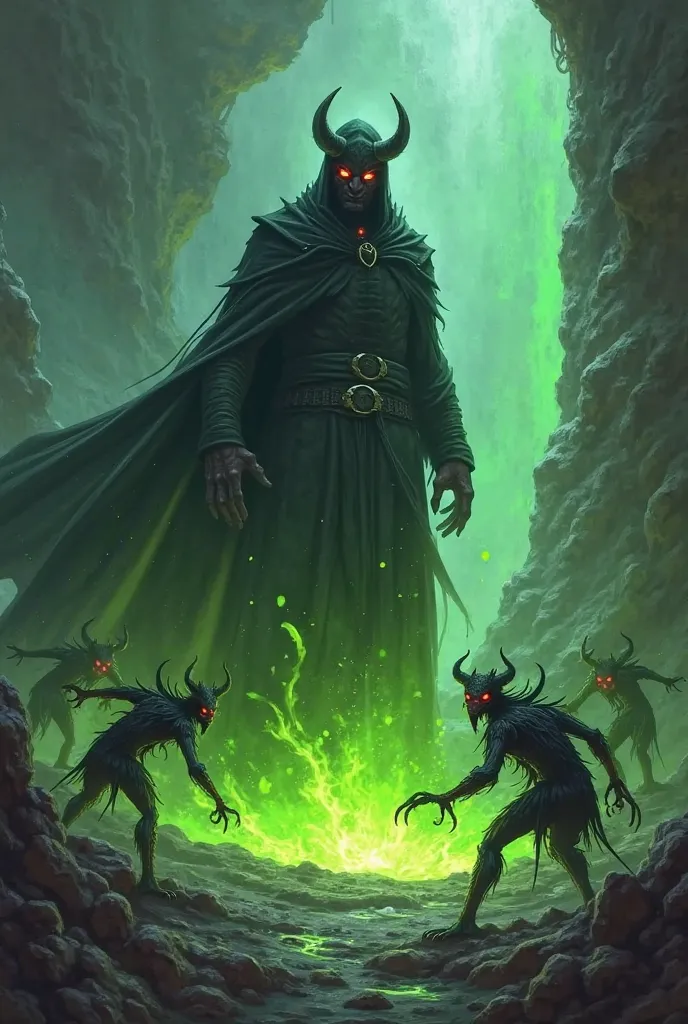 The black lizard warlock stands next to the green magma pool，Summon a few imp