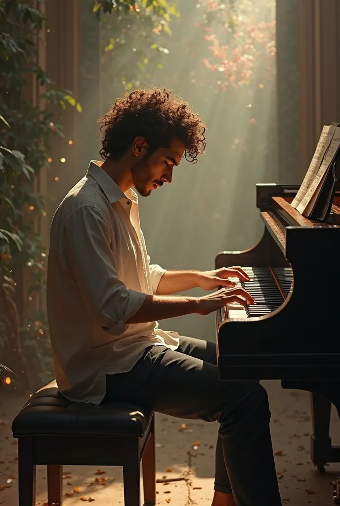 Young man with curly hair sits barefoot at the piano and plays it passionately