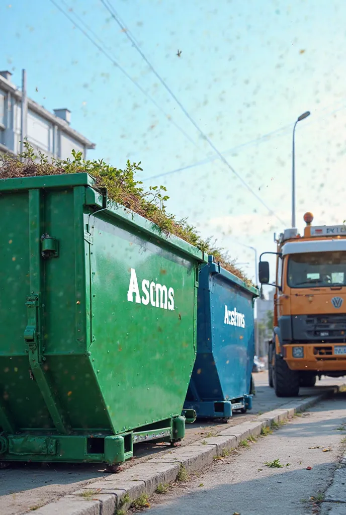 A professional and modern waste management concept featuring a clean, eco-friendly dumpster rental and waste disposal service. The scene showcases a bright and organized industrial or construction site with large, high-quality dumpsters in green and blue, ...