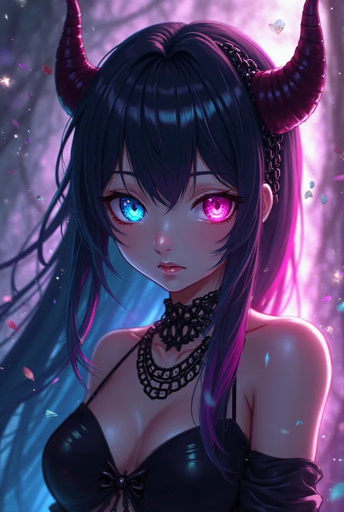 "Dark Fantasy , anime girl with heterochromia: One eye is bright blue, on my head. The other is neon pink. Her hair is dark with pink and blue highlights, dark horns. Heavy black chains wrap around her, emphasizing the gothic atmosphere. Background — mysti...