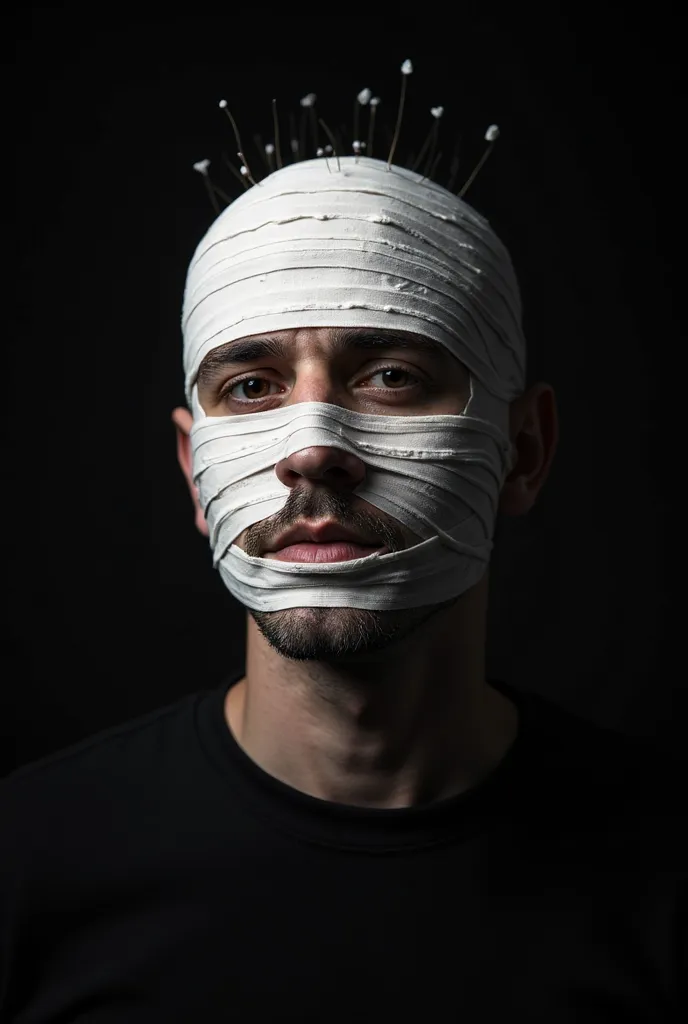 Photographic portrait in minimalist style: man in black clothes on a black background, face completely wrapped in white stripes of fabric (like a bandage or bandages), Thin stripes or ribbons, similar to wood chips. Contrasting light, laterally directed, r...