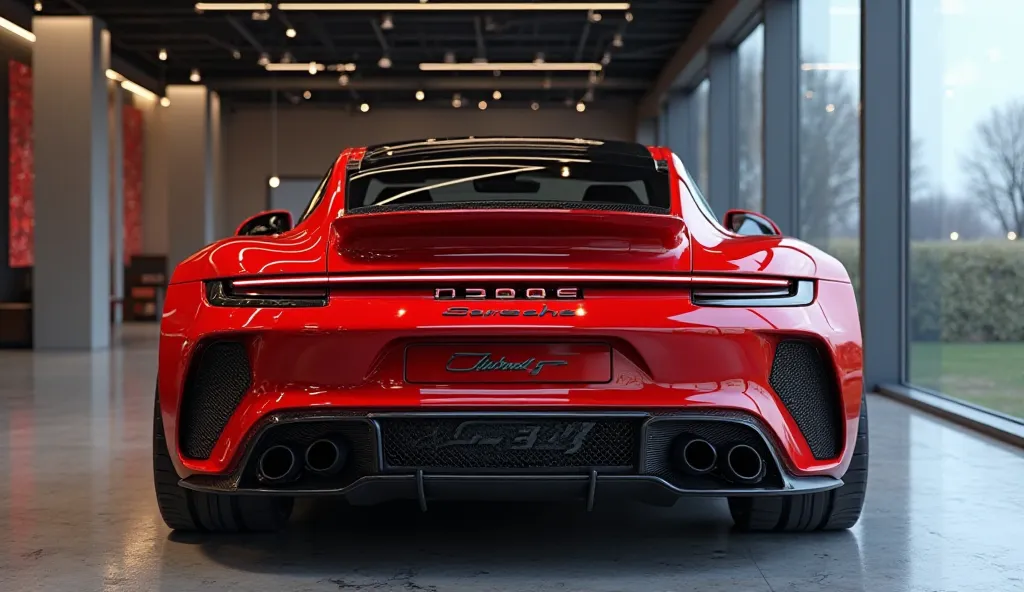 An ultra-realistic image of the back bumper view with  Turbo logo end of a futuristic  2035 Porsche 911 Turbo S The car features a large, imposing, and aerodynamic design with shiny red and exterior. The  back bumper view end has a wide, aggressive grille ...