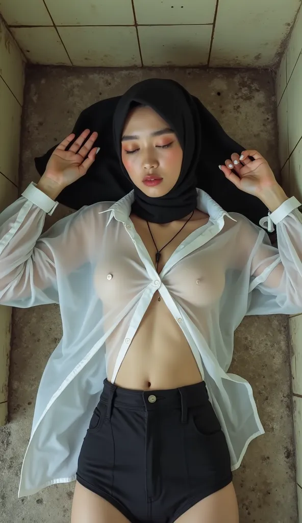 A full body photo of beauty and cute white skin korean idol girl wearing black modern hijab and wearing see through white unbuttoned shirt and black sexy panties, she's not wearing bra,she has big breast size, the girl laying down on dirty abandoned public...