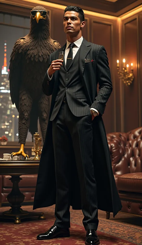 A highly detailed and ultra-realistic depiction of Cristiano Ronaldo reimagined as a powerful mafia boss. He stands tall with his full body visible, wearing a luxurious, custom-tailored black and navy pinstripe mafia suit with a sleek black overcoat draped...