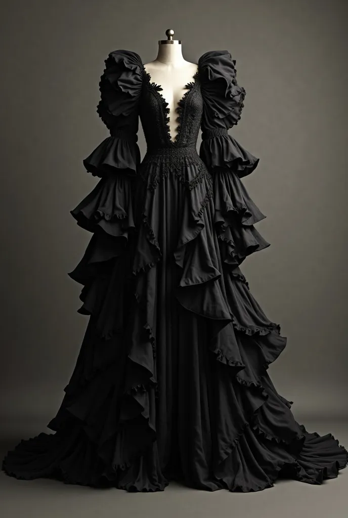 long black dress , with gypsy sleeve , several loose ruffled cutouts from the waist to the floor , no cleavage 